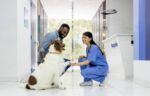 Happy veterinarian greeting a dog and its owner at the animal hospital